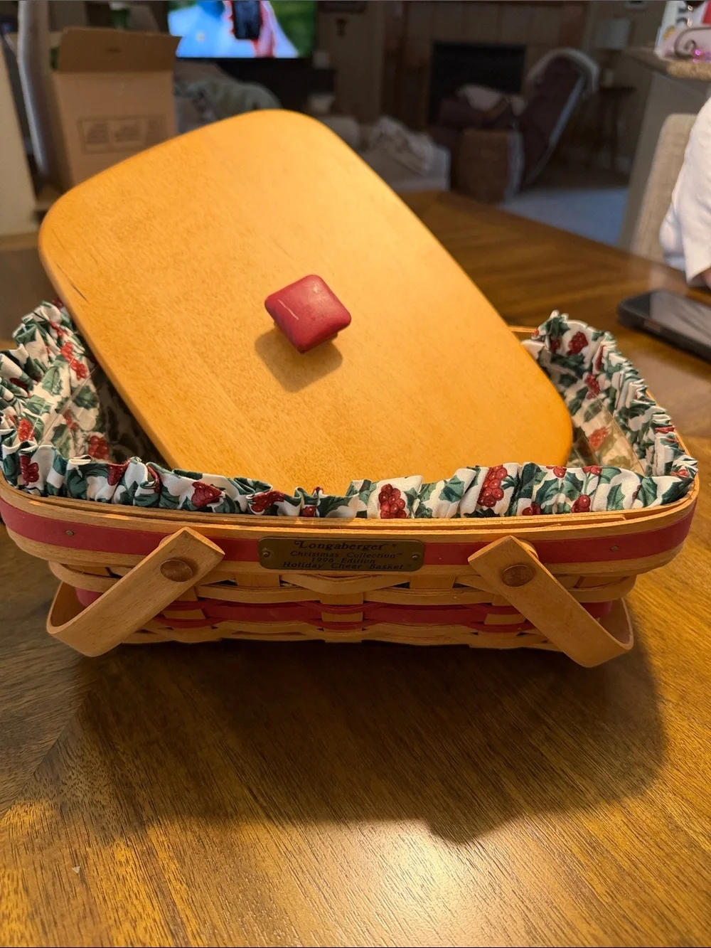 Longaberger Wood-Lid Basket with Red Trim and Floral Liner
